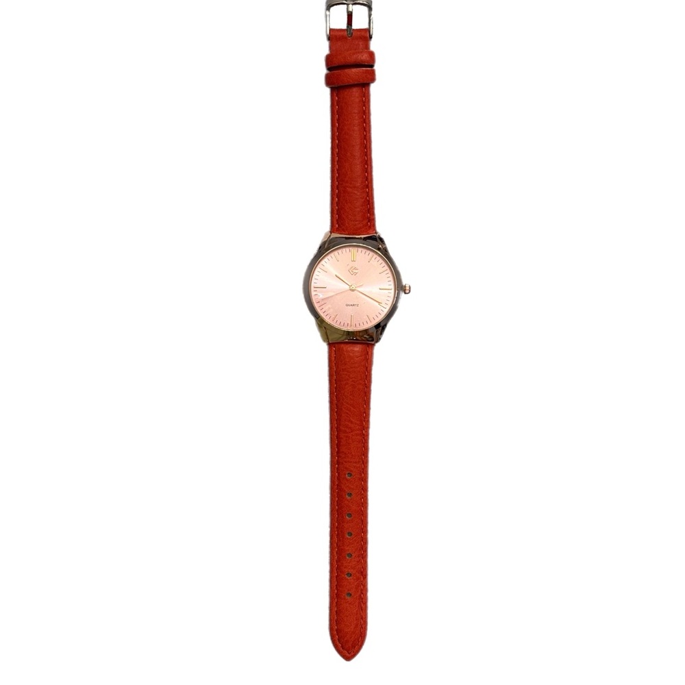 Rose Gold Dial Watch with Bright Red Orange Leather Strap - Picture 3 of 6